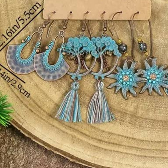 Vintage Boho Folk Charm Earrings Ancient Copper Blue Bohemian 3 Pairs - Picture 3 of 6